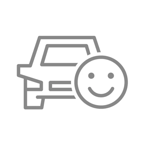 Coche con el icono de la cara feliz línea. Buen servicio de transporte, símbolo de retroalimentación de taxi positivo — Vector de stock