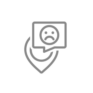 Konuşma baloncuğu simgesinde üzgün suratlı konum işareti. Müşteri memnuniyetsizliği, hoşnutsuzluk, olumsuz geri bildirim sembolü
