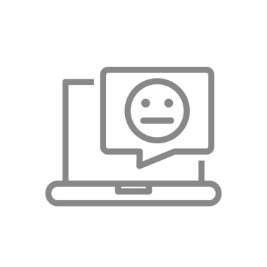 Konuşma baloncuğu simgesinde tarafsız yüzlü dizüstü bilgisayar. Bozulmuş müşteri, olumsuz geri bildirim, çevrimiçi ileti sembolü