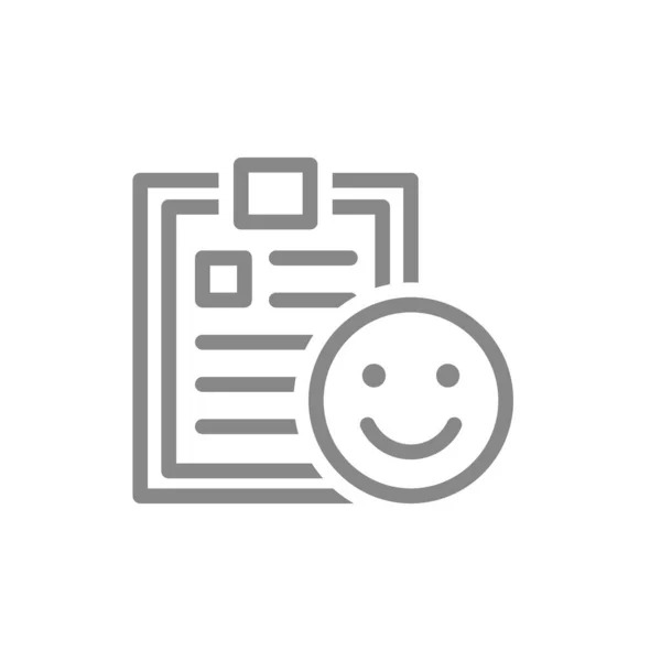Documento con el icono de la cara feliz. Perfil de caridad, retroalimentación positiva, símbolo de aprobación — Archivo Imágenes Vectoriales