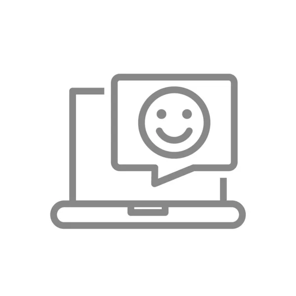 Portátil con cara feliz en el icono de la línea de la burbuja del habla. Satisfacción del cliente, comentarios positivos, símbolo de mensaje en línea — Archivo Imágenes Vectoriales