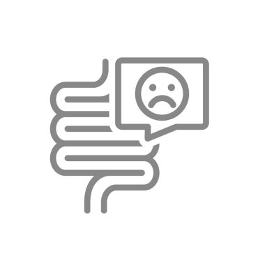 Konuşma baloncuğu simgesinde üzgün suratlı bir bağırsak. Hastalıklı iç organ, sindirim sistemi hastalığı sembolü