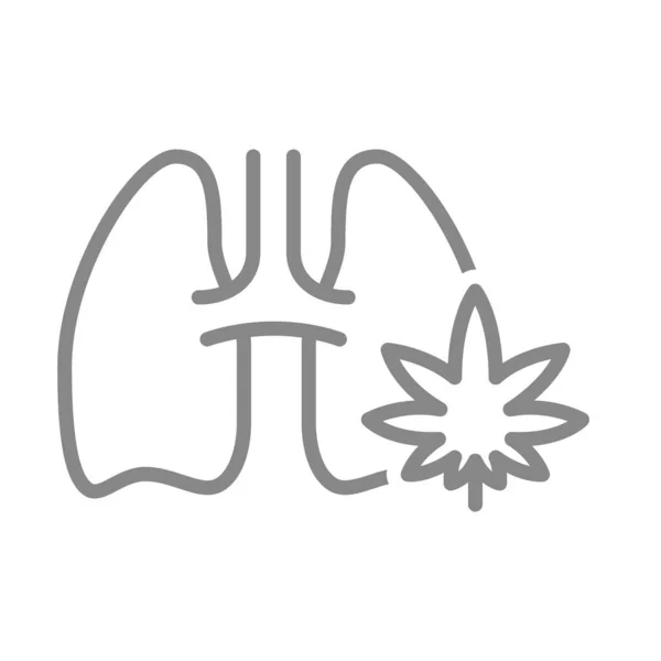 Pulmões humanos com ícone de linha de folha de maconha. Fumar cannabis, símbolo de tratamento — Vetor de Stock