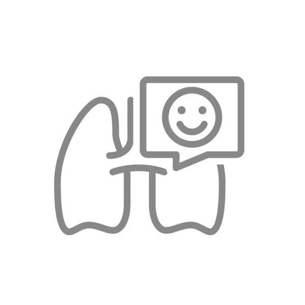 Pulmões com rosto feliz no ícone da linha de bolha de fala. Símbolo de órgão interno saudável — Vetor de Stock