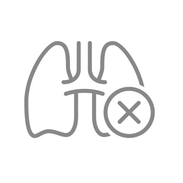 Pulmones con el icono de línea de verificación cruzada. Enfermedades órganos internos, símbolo de enfermedad pulmonar — Vector de stock