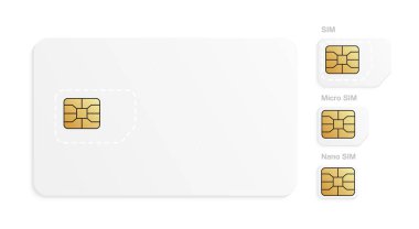 Gerçekçi mobil SIM kart seti. Farklı telefon kartı tipleri - Normal, Micro, Nano