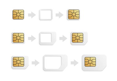 Gerçekçi telefon sim-kart dönüştürücü seti. eSIM 'den Nano' ya, Nano 'dan Micro' ya, Mikro 'dan Normal SIM kart adaptörüne.