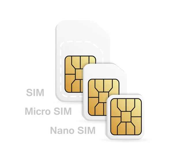 Verschillende simkaarttypes - Normaal, Micro, Nano. Mobiele telefoonkaart set. — Stockvector