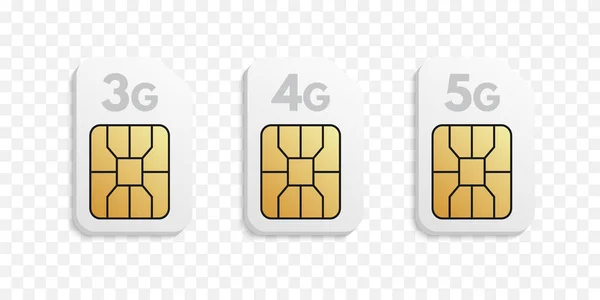 Set di tipi di schede Sim 3G, 4G, 5G. Schede telefoniche vuote realistiche con tecnologia wireless di varia generazione — Vettoriale Stock