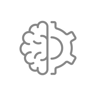 Dişli tekerlek çizgisi simgesi olan insan beyni. Mühendislik, robot teknolojisi düşünme sembolü