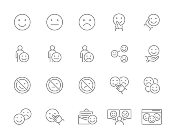Conjunto de iconos de línea de retroalimentación emocional. Testimonios, sonrisa, disgusto, cara sin emociones, emociones positivas y negativas y más . — Vector de stock
