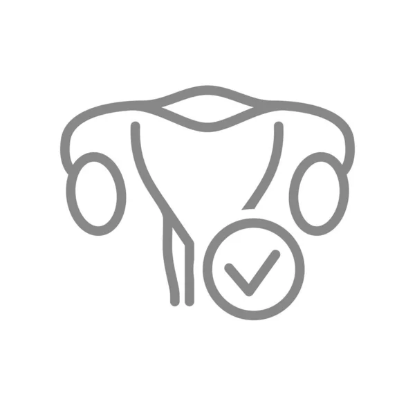 Uterus com ícone de linha de verificação de marca. Símbolo de órgão interno saudável —  Vetores de Stock