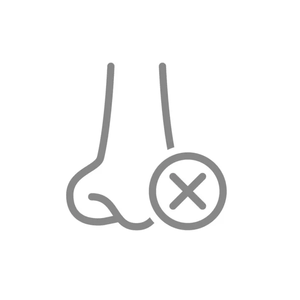 Nariz humana con icono de línea de verificación cruzada. Enfermedad de los senos paranasales, símbolo del sistema olfativo — Vector de stock