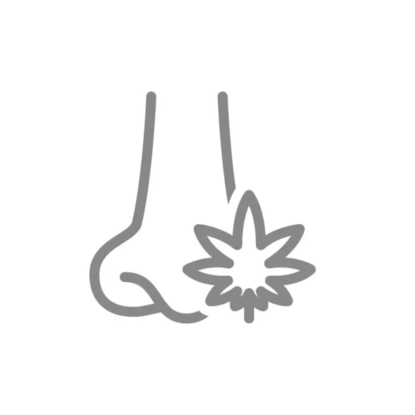 Naso umano con l'icona della linea di foglie di marijuana. Trattamento della cannabis, simbolo di anestesia — Vettoriale Stock