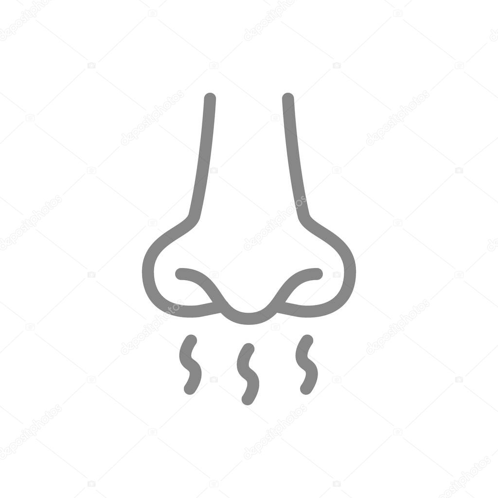 Human nose with smell sense line icon. Breath, inhalation and exhalation symbol