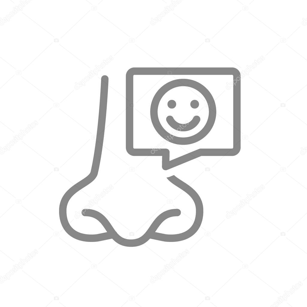 Nose with happy face in speech bubble line icon. Healthy olfactory organ symbol