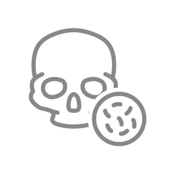 Crâne avec icône de ligne de bactéries. Os de la tête, infection bactérienne crânienne, symbole d'ostéomyélite — Image vectorielle