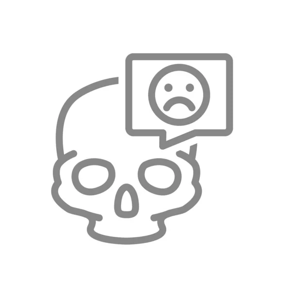 Koponya szomorú arccal a beszéd buborék vonal ikonjában. A fej csontszerkezete, koponya szimbólum — Stock Vector