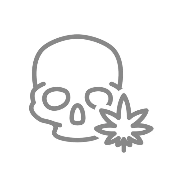 Human skull with marijuana leaf line icon. Cannabis treatment, anesthesia symbol — Stock Vector