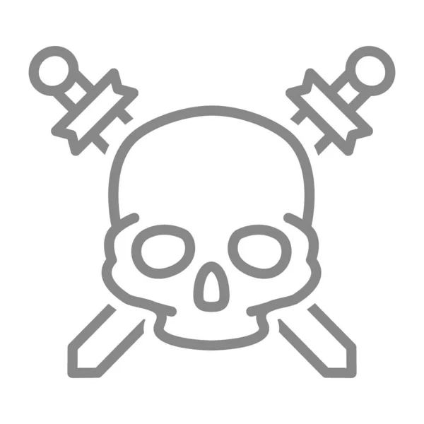 Cráneo pirata con el icono de la línea de espadas cruzadas. Advertencia de muerte, símbolo de peligro — Vector de stock