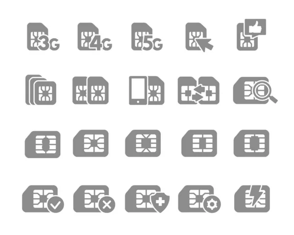 SIM kártya lapos szürke ikonok. 3G, 4G, 5G - hálózat, mobil internet, EMV chip, kártyák slot, telefon chip és több. — Stock Vector