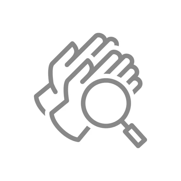 Lékařské rukavice s ikonou lupy. Ochranný výzkum, symbol prevence epidemie — Stockový vektor