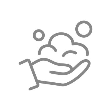 Sabun köpüğü ikonuyla insan eli. El temizliği, dezenfeksiyon, hijyen sembolü