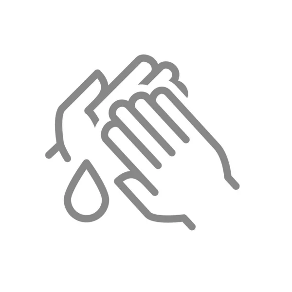 Limpieza de las manos con desinfectante icono de la línea de caída. Desinfección de manos, símbolo de higiene — Vector de stock