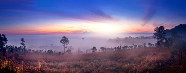 Panorama lanscape hermosa salida del sol montaña y niebla en thaila — Foto de Stock