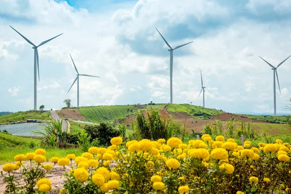 Yel değirmenleri yeni enerji ile dağ Khao k bahar çiçek