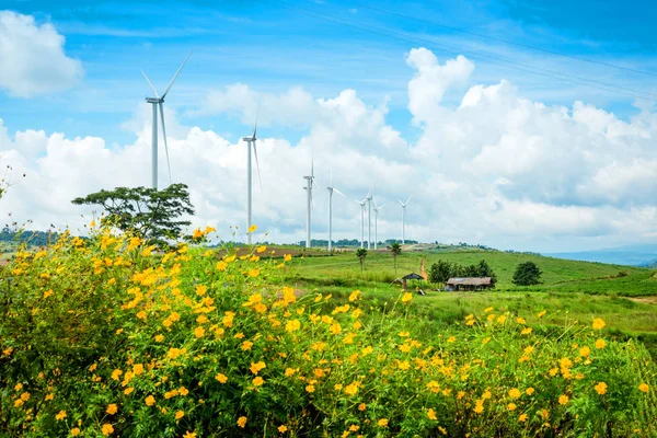 Yel değirmenleri yeni enerji ile dağ Khao k bahar çiçek