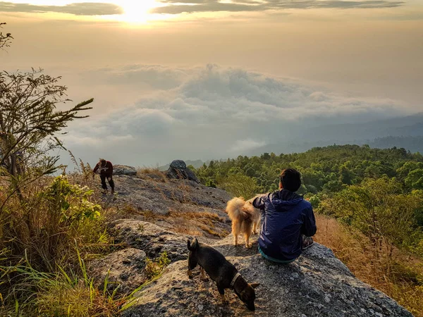 Νεαρός άνδρας Ασία τουριστικά στο βουνό είναι βλέποντας πέρα από την ομιχλώδη — Φωτογραφία Αρχείου