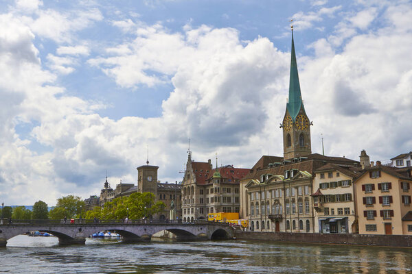 View to the city of Zurich from river, Switzerland