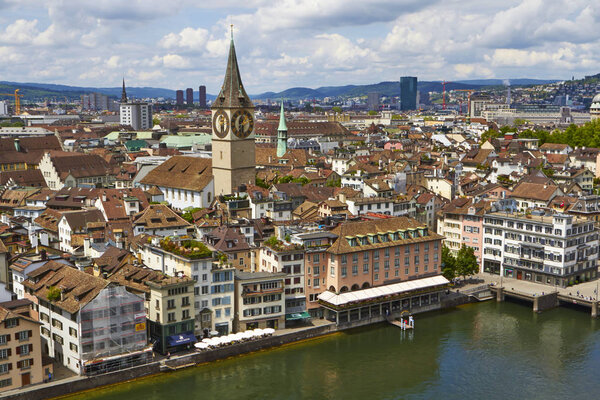 View to the river and city of Zurich in a cloudy day, Switzerland