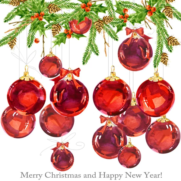 christmas greeting card. christmas ball. New Year watercolor background. Christmas banner.