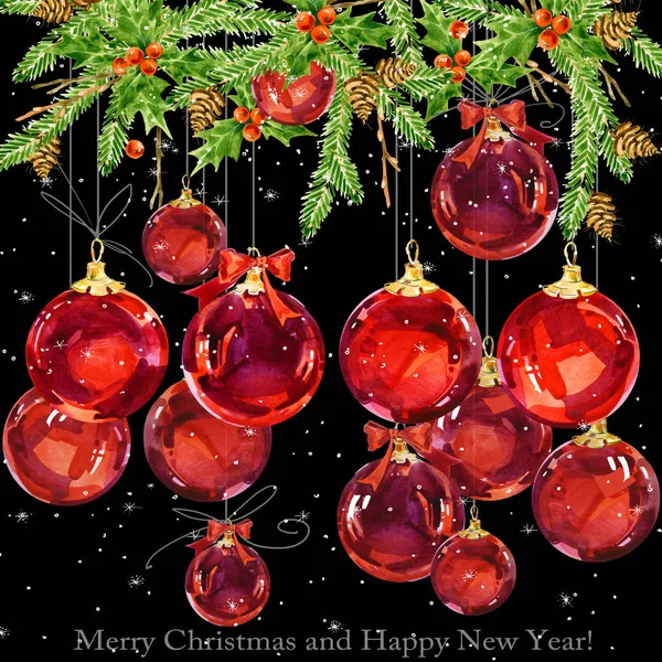 christmas greeting card. christmas ball. New Year watercolor background. Christmas banner.