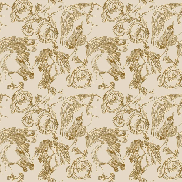 horse. seamless pattern with horse. baroque seamless pattern. curl baroque background. hand  drawn horse sketch illustration. vintage graphics pattern.