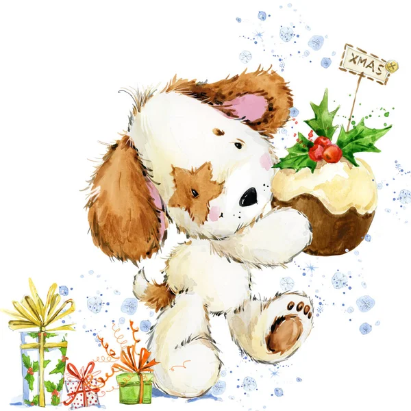 cute cartoon puppy watercolor illustration. Background for Christmas. Dog year greeting card.