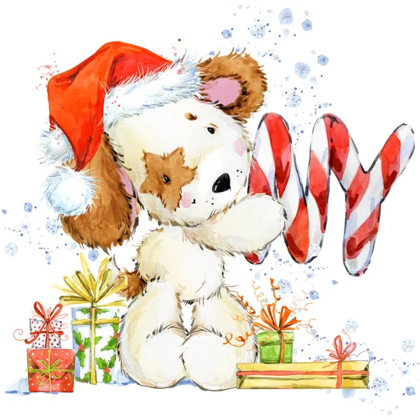 cute cartoon puppy watercolor illustration. Background for Christmas. Dog year greeting card.