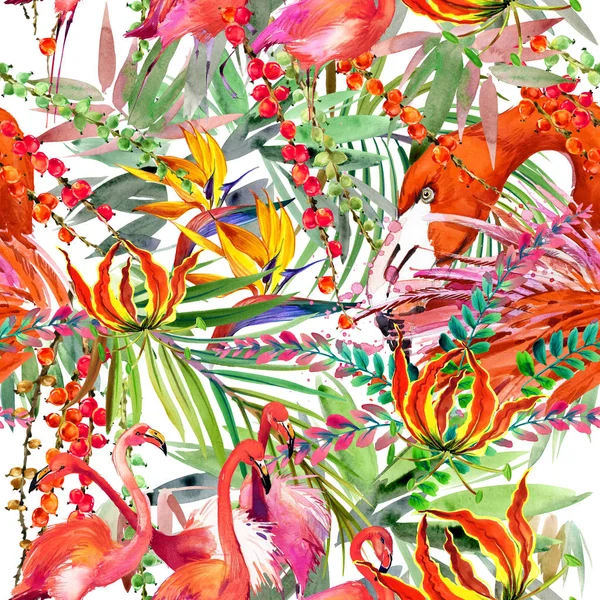 watercolor flamingo in tropical plant