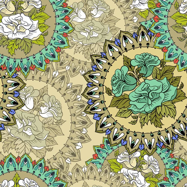 Naadloze patroon met circulaire floral sieraad met rozen — Stockvector