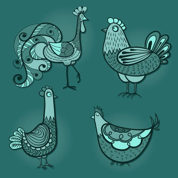 Dessin du coq et de trois poulets — Image vectorielle