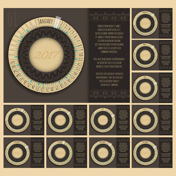 Round calendar 2017 year with east elements