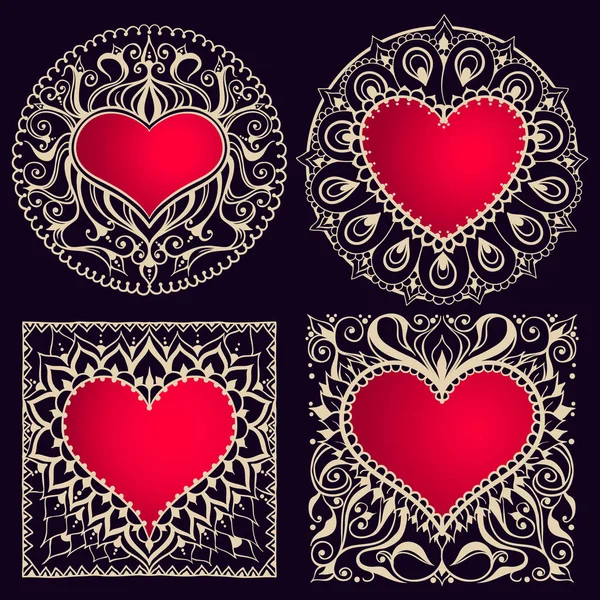 Skizze von Rahmen mit Herzen im Henna-Stil — Stockvektor