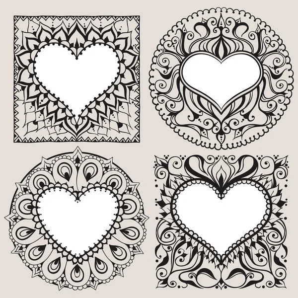 Sketch of frames with hearts in henna style — Stock Vector