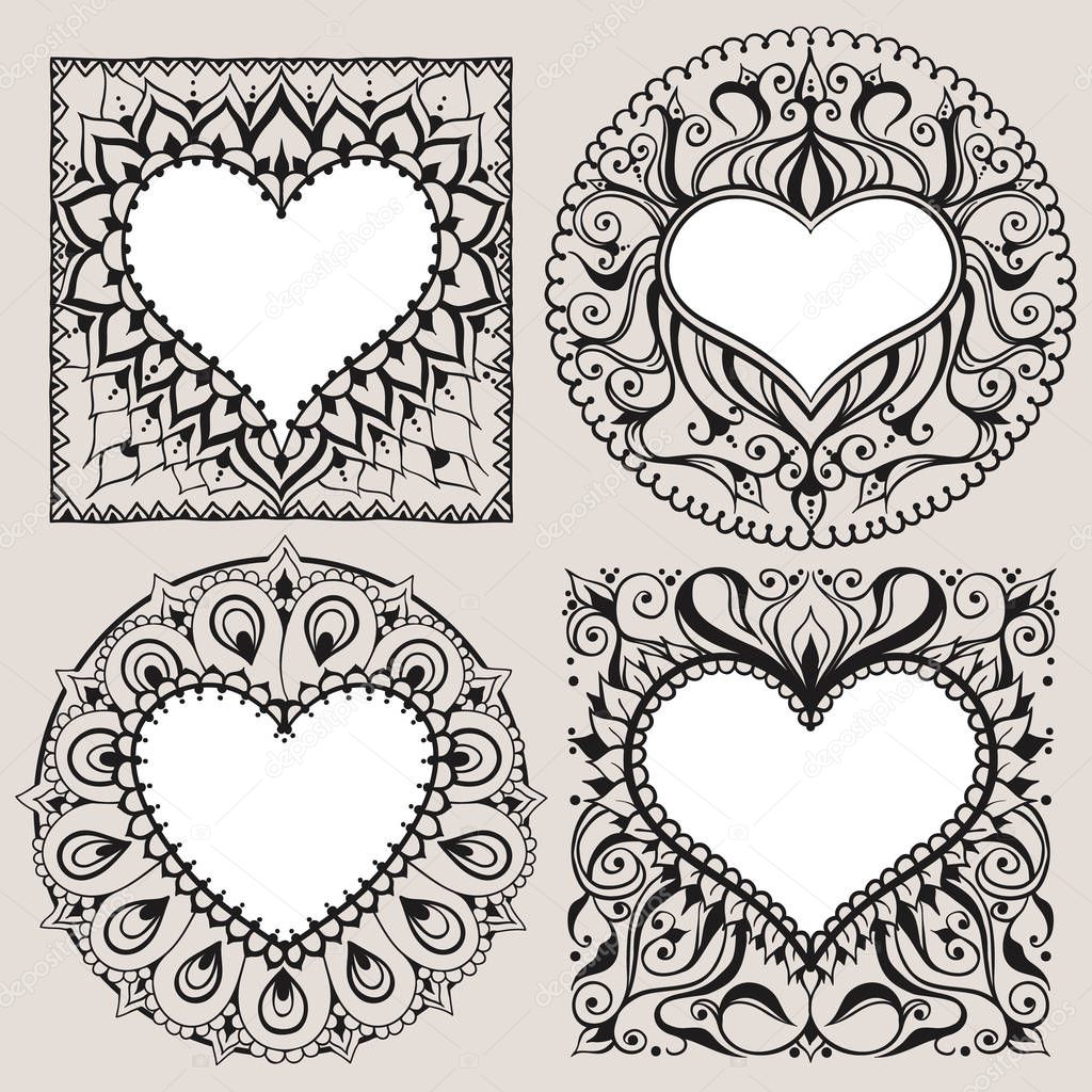 Sketch of frames with hearts in henna style