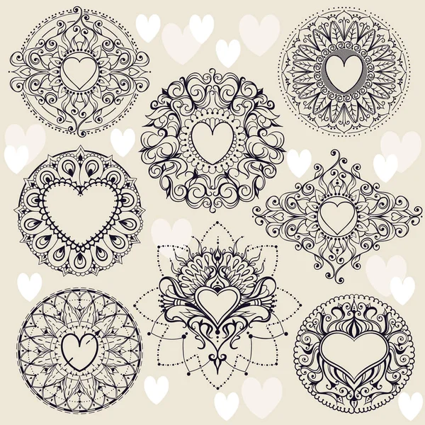 Sketch of frames with hearts in henna style — Stock Vector