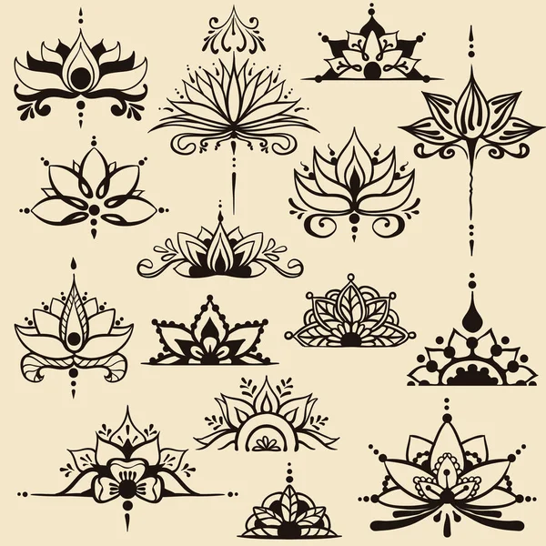 Quinze dessins à main levée de fleurs de lotus dans le style oriental — Image vectorielle