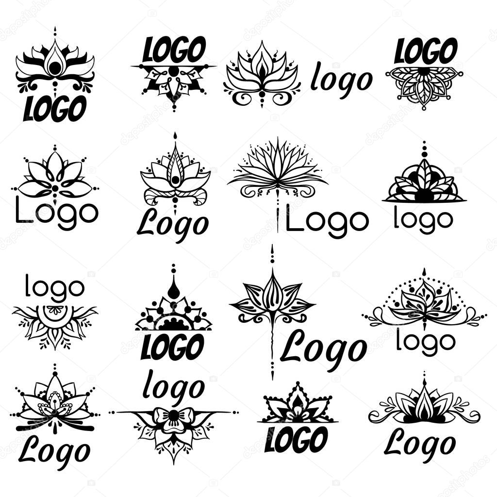 Sixteen freehand drawings of logos with lotus flowers in east style. Can be used as a logo, for backgrounds, business style, tattoo templates, cards design or else. Vector illustration.