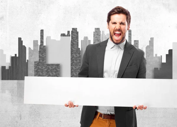 Angry businessman with banner — Stock Photo, Image